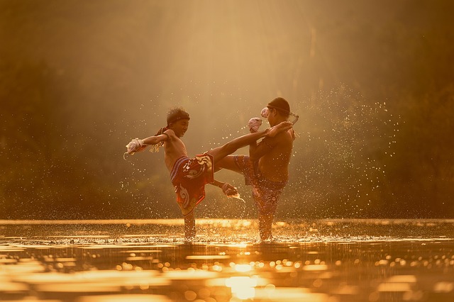 children, river, attack, martial arts, boxing, nature, boys, exercise, kick, kickboxing, fighting, thai boxing, splash, sports, asia, thailand, training, water